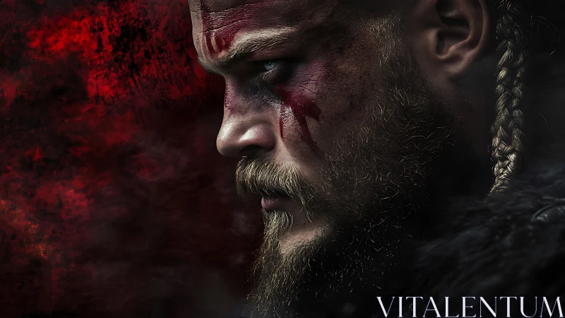 Brooding warrior in red-lit shadows, lost in fierce thought.