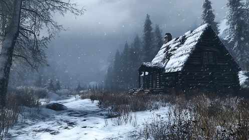 Snow covered log cabin in remote winter forest storm.