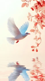White bird in flight beside red foliage over water surface.