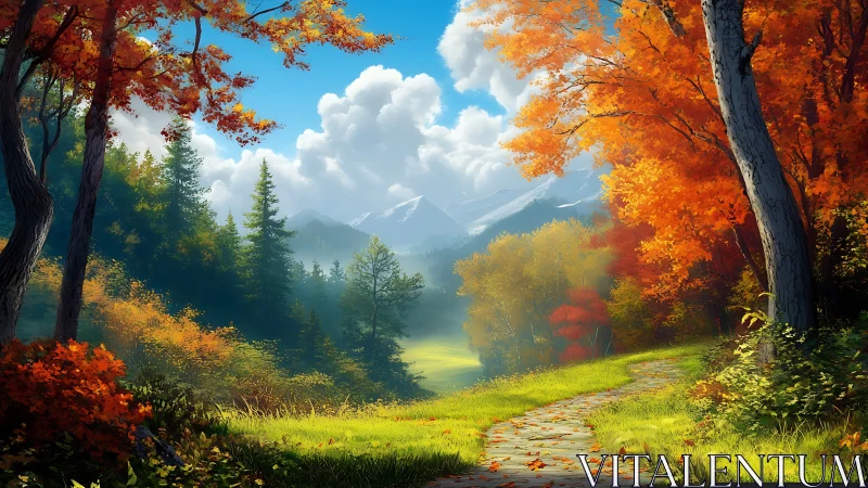 Autumn forest path curves toward misty mountains under clouds