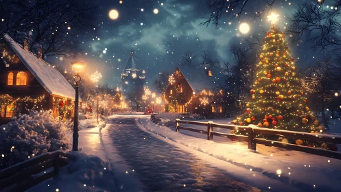 Snow-covered village street with illuminated Christmas tree.