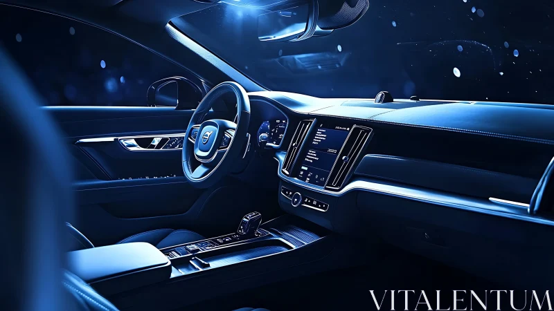 Modern car cockpit with illuminated blue dashboard at night.