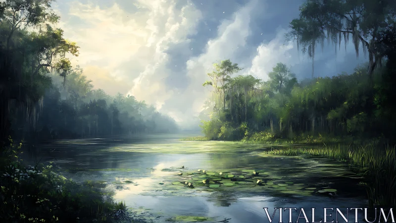 Sunlit mist over tranquil swamp lagoon at dawn