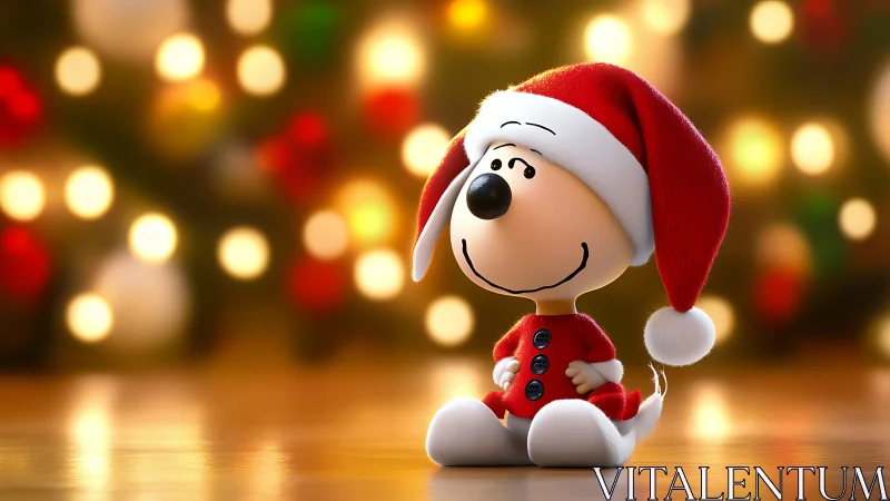 Cartoon dog figurine wears Santa outfit in soft bokeh light