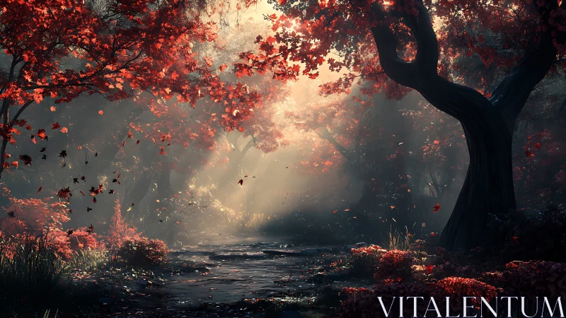 Autumn Forest Stream: Red Leaves Cascade Through Misty Light.