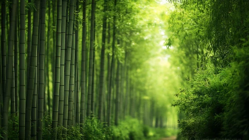 Tranquil Bamboo Forest Pathway in Soft Natural Light Photography.