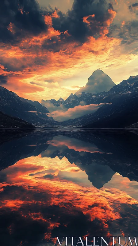 Mountain lake at sunset with strong cloud reflection.