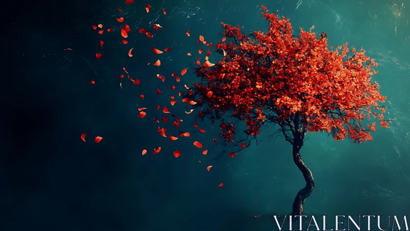 Solitary crimson tree with wind-swept foliage on teal void