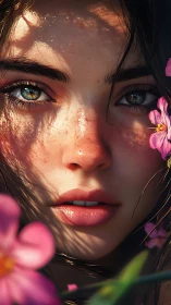 Sunlit freckles and flowers frame a gentle, thoughtful gaze