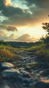 Rocky footpath with grass under evening sky at horizon line.