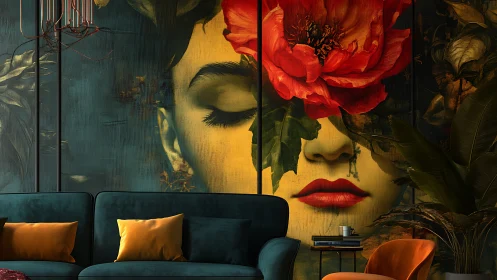 Large scale floral portrait mural in cinematic interior lighting.