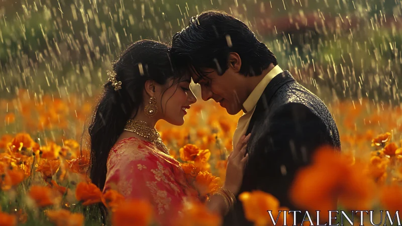 Romantic Encounter in Rain-Soaked Marigold Field.