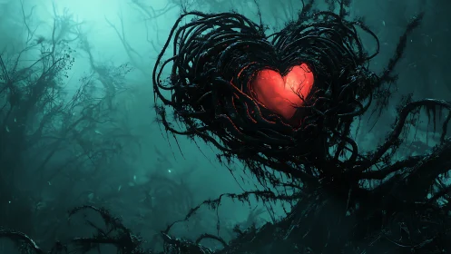 Bioluminescent Heart Core Suspended Within Convoluted Organic Matter.