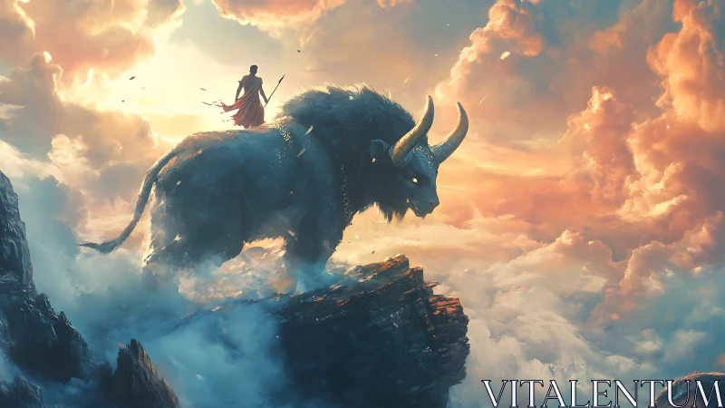 Sky-clad wanderer rides horned titan through ember clouds