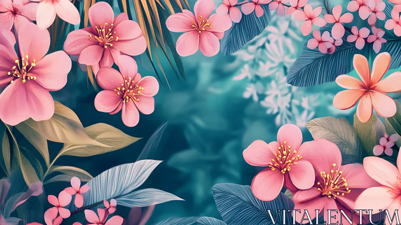 Digital botanical illustration featuring pink flowers with gradient teal foliage background composit
