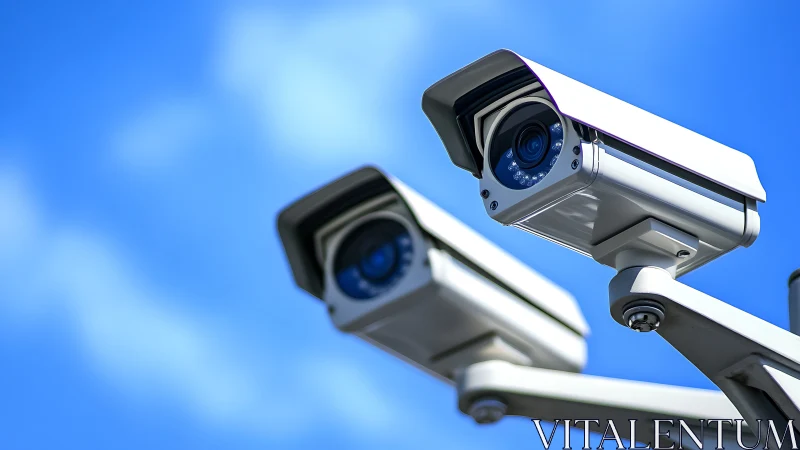 Twin skyward security sentinels under sharp cobalt watch.