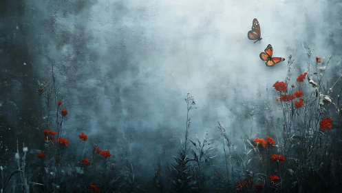 Gentle butterflies dancing above quiet red meadow blooms.