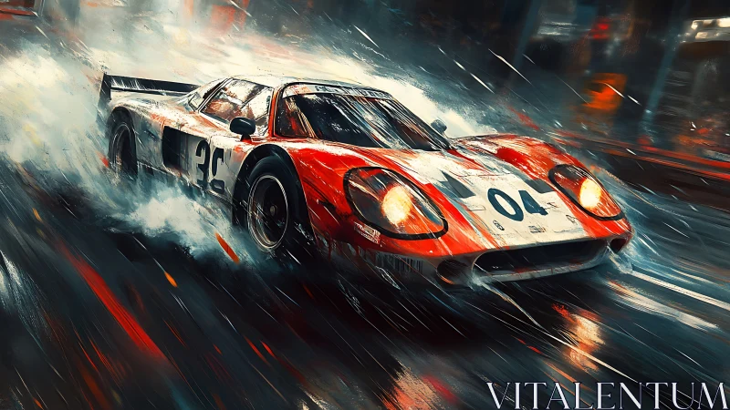 Dynamic wet-night racecar study in cinematic digital painting.