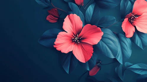 Coral flowers with teal foliage arranged against dark blue background