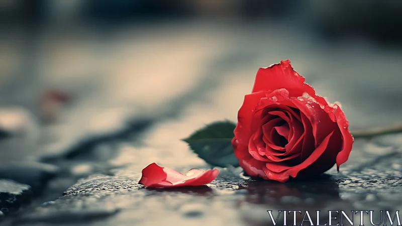 Macro study of wet red rose on reflective pavement surface.