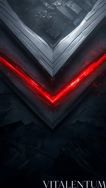 Angular metallic chevron with energized red emissive core.