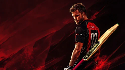 Cricketer in dynamic red lighting rendered as dramatic digital portrait
