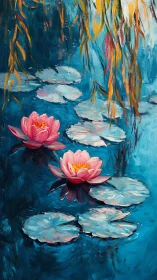 Water lilies drift beneath painted golden willow reflections.