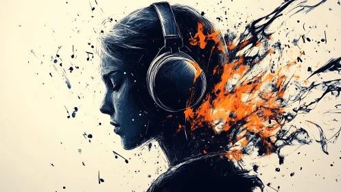 Profile view of headphone user with abstract paint bursts.
