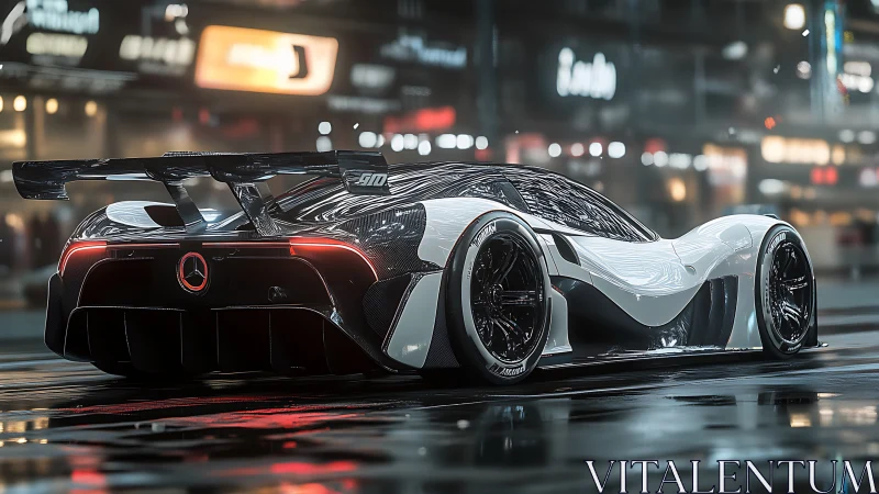 Futuristic white hypercar parked on wet neon city street.