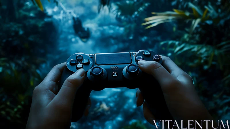Gaming controller frames immersive jungle adventure scene.