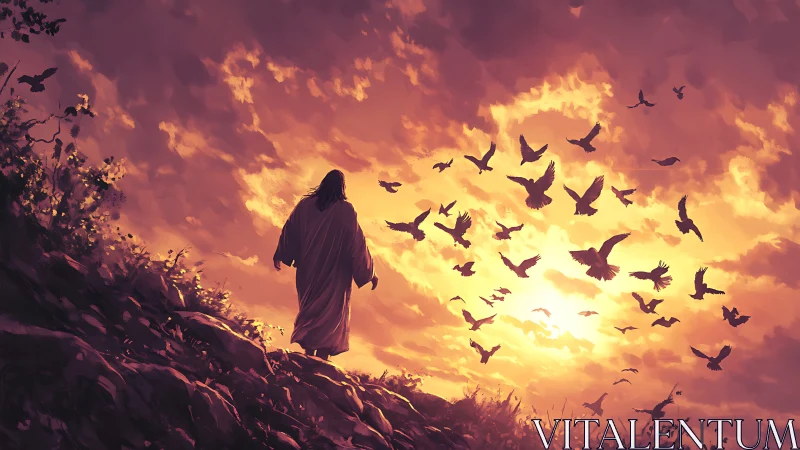 Sunset walk with birds swirling through golden sky.