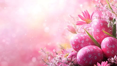 Blossoming spring nest of pink speckled Easter eggs.
