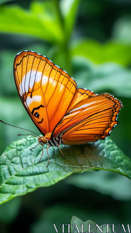 Orange butterfly resting on green leaf in close focus.