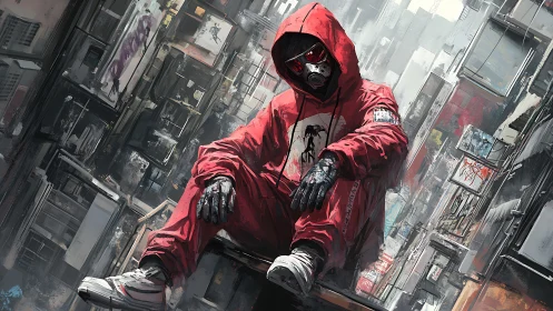 Urban rooftop drifter in red hoodie and mask, quietly watching.