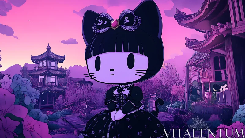 Gothic lolita cat avatar in cel shaded neon twilight garden