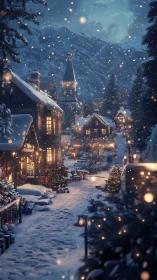 Snow-covered alpine village street with evening lights.