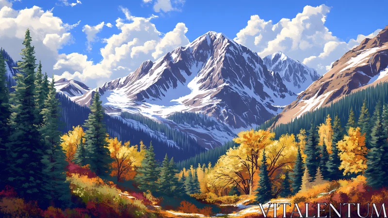 Golden autumn valley cradled by bright snow peaks.