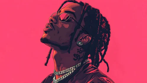 Vector portrait of braided figure in neon magenta environment.