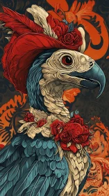 Stylized bird portrait shows detailed plumage and floral adornment