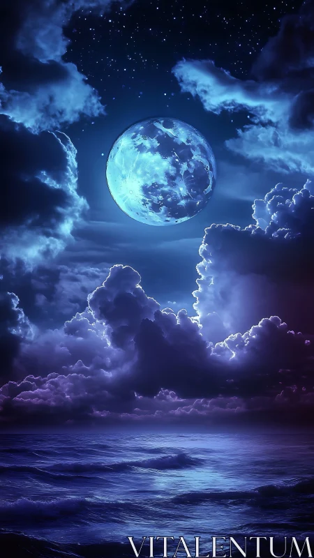 Blue moonlit ocean under dramatic night storm clouds.