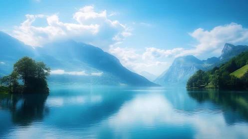 Mirrored mountain lake dreaming under drifting summer clouds.
