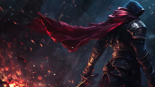 Hooded armored warrior with red scarf in burning ruins.