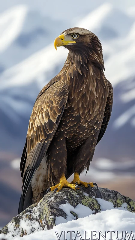 Golden eagle commands snowy alpine rock perch in winter