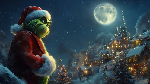 Grinch-like figure in snowy Christmas village under moonlit sky.
