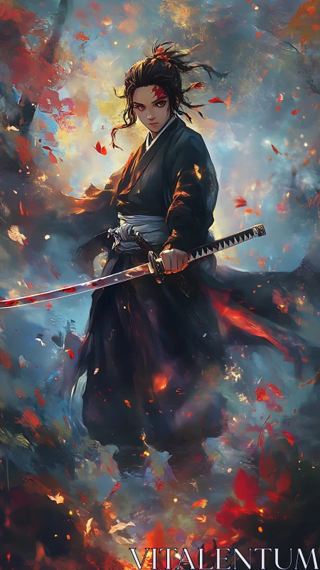 Ember-eyed samurai poised in a storm of painted fire.