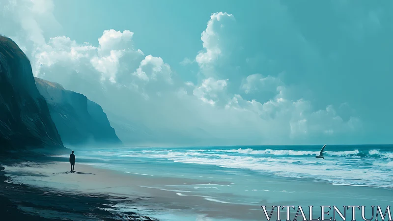 Solitary figure on coastal shore with cliffs and distant fin.