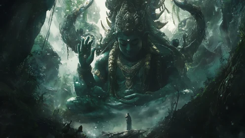 Colossal forest deity statue with robed figure below.