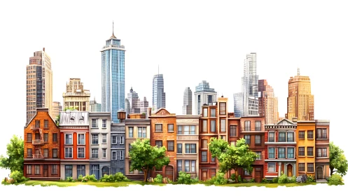 Rowhouse dreams beneath a glittering modern skyline panorama.