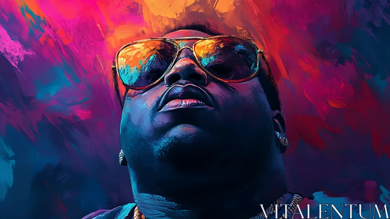 Bold portrait with reflective sunglasses under neon brushstrokes