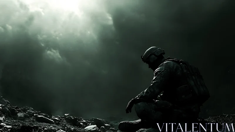 Solitary tactical soldier kneeling on rocky slope under storm light